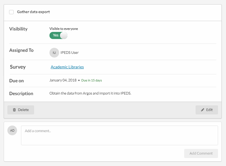 Task Details screen showing the task name and completion checkbox, visibility toggle, assigned to user, survey name, due date, and description.  There is a comment box underneath.